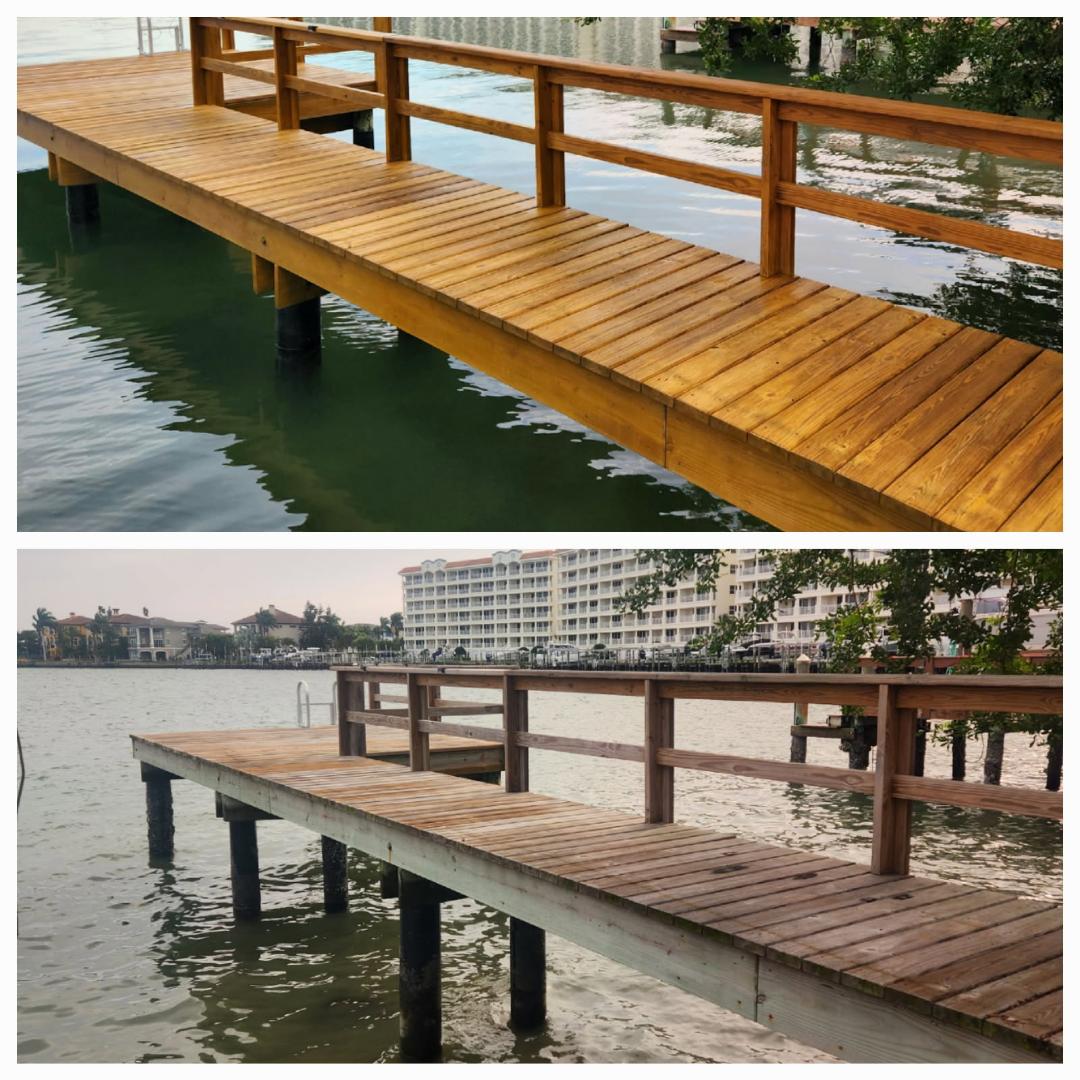 dock over water refinishing before and after picture